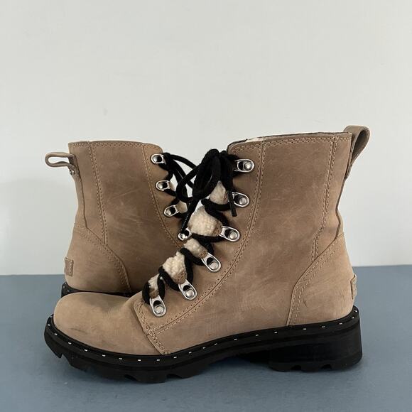 Sorel Lennox Shearling Cozy Canoe Tan Suede Lace Up Lug Sole Boots - Picture 5 of 9